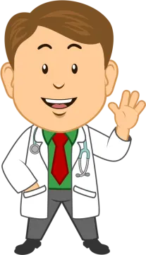 a cartoon doctor with his hand up