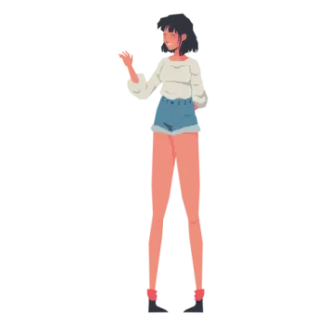 a woman in shorts and a sweater is pointing at something