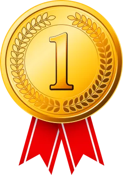 a gold medal with a red ribbon around it