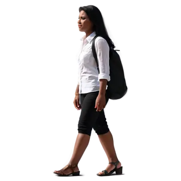 a woman walking with a backpack on her back