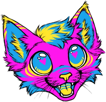 a drawing of a pink cat with blue eyes