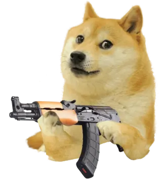 a dog with a gun in its mouth