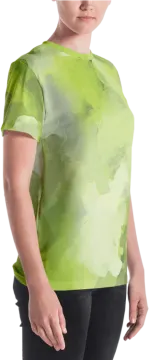 a woman wearing a green t - shirt