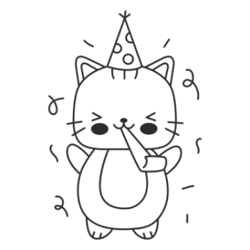 a black and white drawing of a cat wearing a party hat