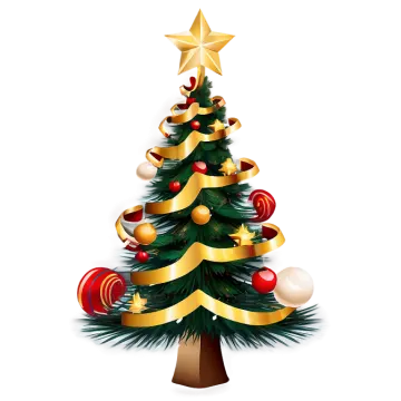 a christmas tree with gold ribbon and ornaments
