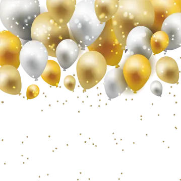 a bunch of gold and silver balloons on a white background