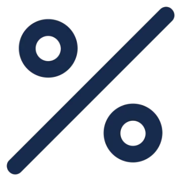 a blue and white icon of a percent symbol