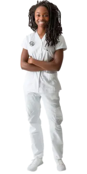a young girl in a white scrub suit
