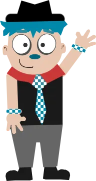 a cartoon character with blue hair and glasses