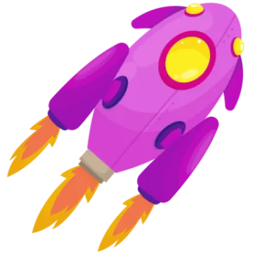 a purple rocket with two orange rockets on it