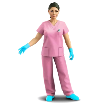 a woman wearing scrubs and blue gloves