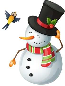 a snowman wearing a hat and scarf with a bird in the background