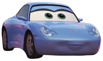 a blue car with green eyes and a white background