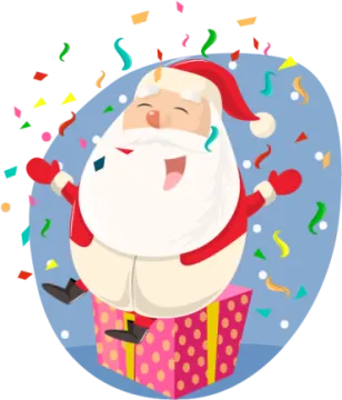 a cartoon santa claus holding a gift box