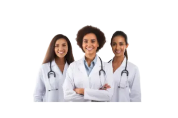 three women in white lab coats