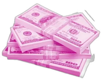 a pile of pink money on a white background