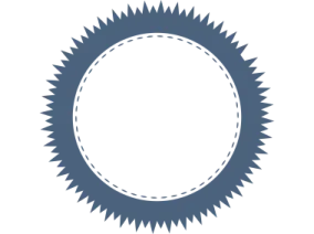 a circular badge with a white background