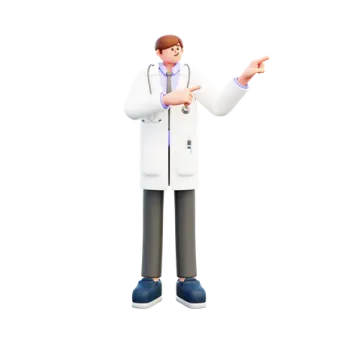 a male doctor in a white lab coat pointing at something