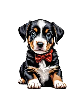 a black and white puppy with a red bow tie