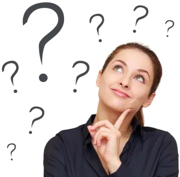 a woman looking up with question marks above her head