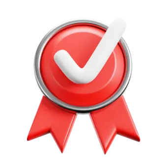 a red badge with a check mark on it