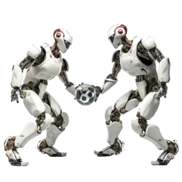 two robots playing with a soccer ball