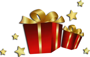 a red gift box with gold stars around it