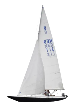 a white sail boat with blue letters on it