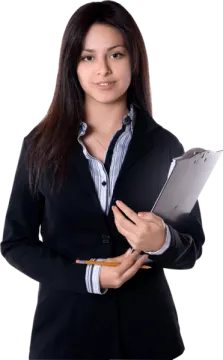 a woman in a business suit holding a clipboard