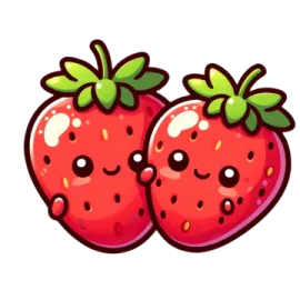 two red strawberries with green leaves on them