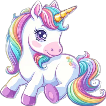 a cartoon unicorn with a rainbow mane