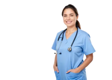 a woman wearing a blue scrub suit with a stel