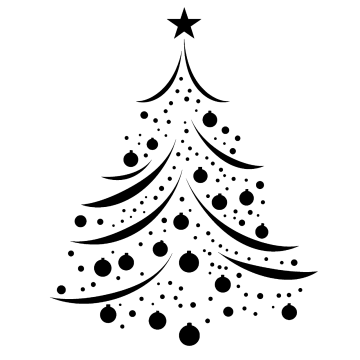 a black and white christmas tree with ornaments