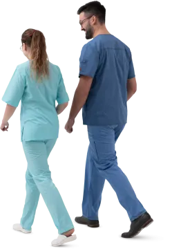 a man and woman in scrubs walking
