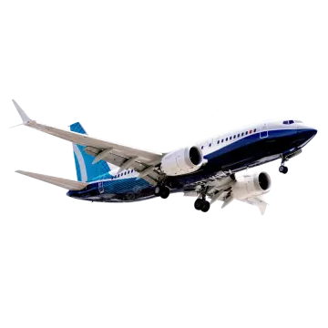a blue and white airplane flying in the sky
