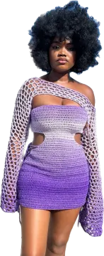 a woman wearing a purple and white crochet top