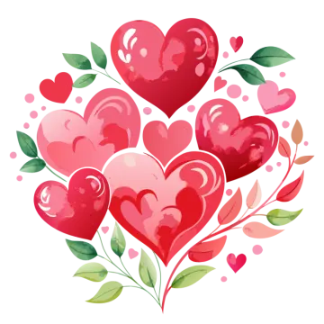 a bunch of red hearts with green leaves