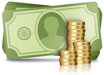 a stack of gold coins next to a green dollar