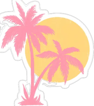 a pink and yellow palm tree with the sun behind it