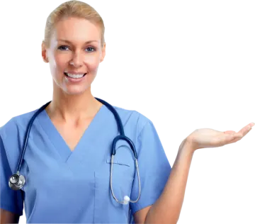a woman in scrubs holding out her hand