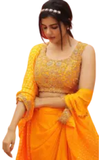 a woman in an orange and yellow sari