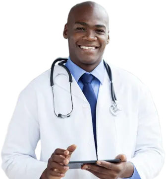 a man in a white coat holding a tablet