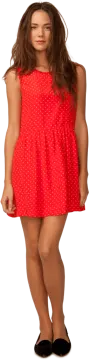 a woman in a red dress and black shoes