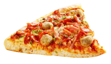 a slice of pizza with meat and vegetables