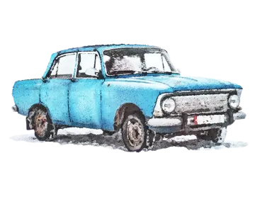 an old blue car in the snow