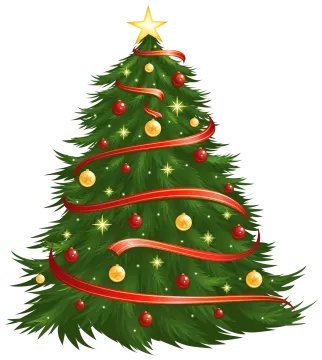 a christmas tree with red ribbon and gold ornaments