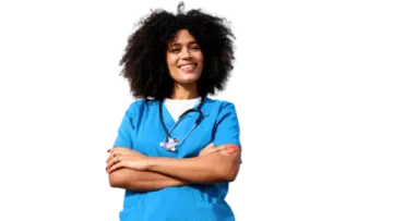 a young woman in scrubs with her arms crossed