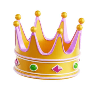 a purple and gold crown with green eyes
