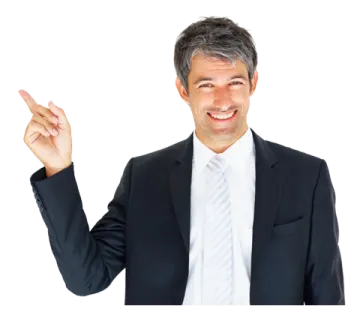 a man in a suit pointing at the camera