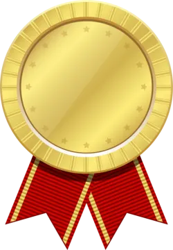 a gold medal with red ribbons
